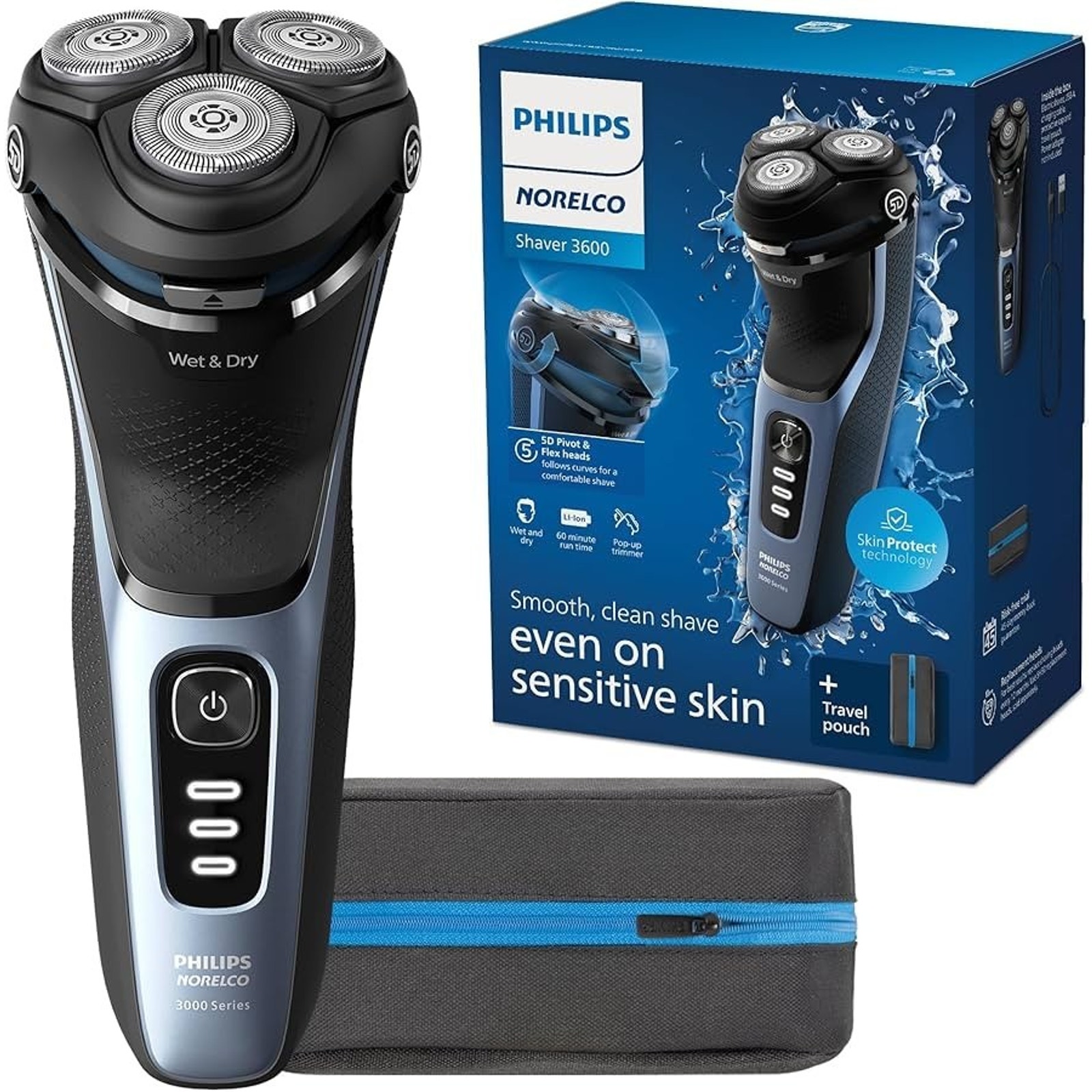 Philips Norelco Shaver 3600 Rechargeable Wet Dry Electric Razor Travel Pouch
